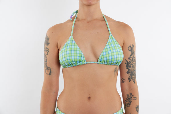 Saturday Recycled Triangle Bikini Top - Green & Blue Tartan