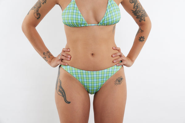 Sunny Recycled Mid Rise Bikini Bottom - Green & Blue Tartan