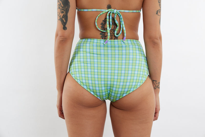 Abbie Recycled High Waist Bikini Bottom - Green & Blue Tartan