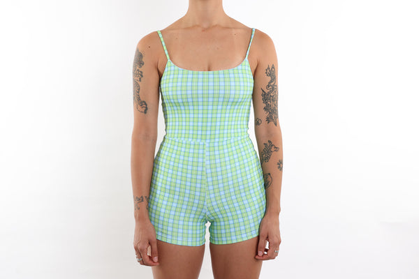 Alex Recycled Boyleg Full Piece Swimsuit - Green & Blue Tartan