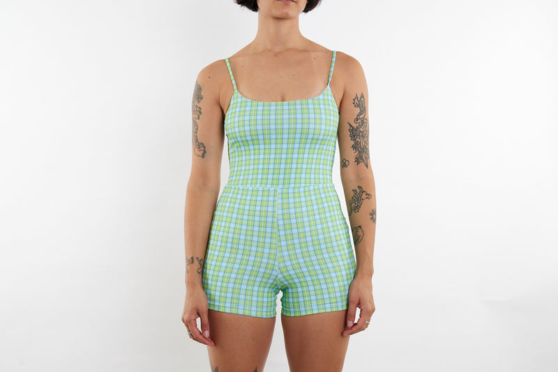 Alex Recycled Boyleg Full Piece Swimsuit - Green & Blue Tartan