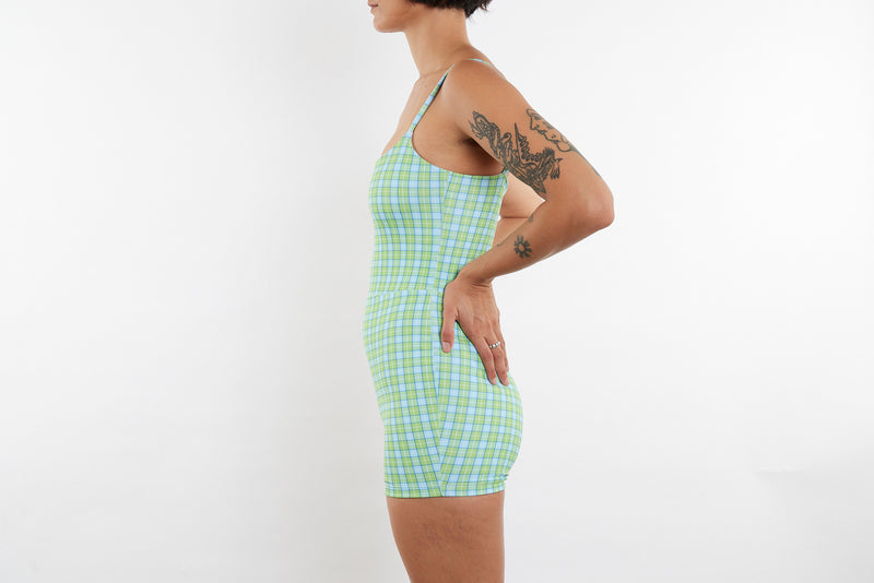 Alex Recycled Boyleg Full Piece Swimsuit - Green & Blue Tartan