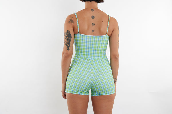 Alex Recycled Boyleg Full Piece Swimsuit - Green & Blue Tartan