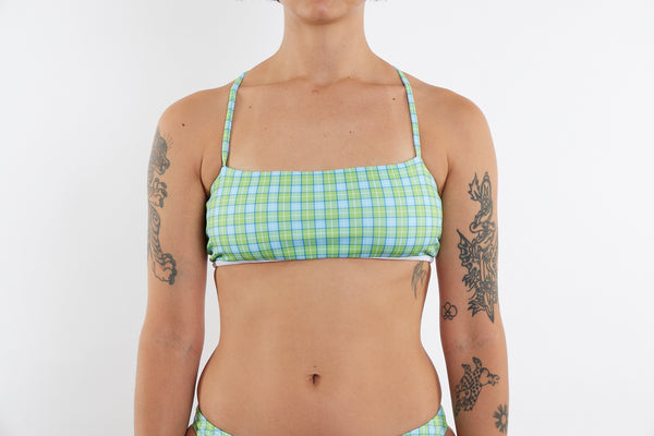 Casey Recycled Bandeau Bikini Top - Green & Blue Tartan