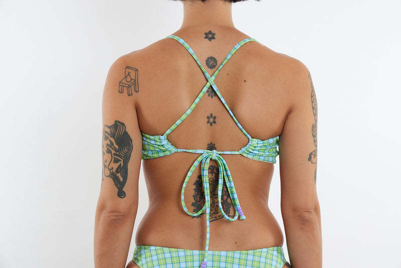 Casey Recycled Bandeau Bikini Top - Green & Blue Tartan