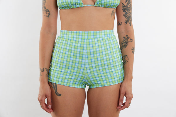 Nicole Recycled High Waist Swim Short - Green and Blue Tartan