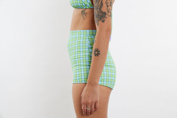 Nicole Recycled High Waist Swim Short - Green and Blue Tartan